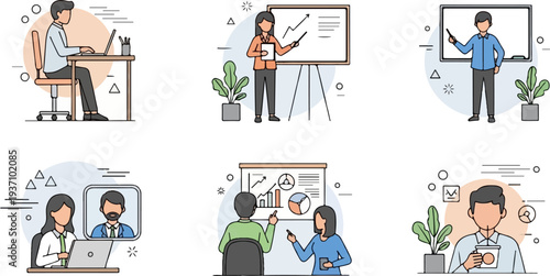 Diverse business meeting scenes laptop work, presentations, video calls, and coffee break