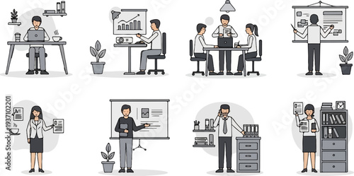 Diverse office workers in various work scenarios