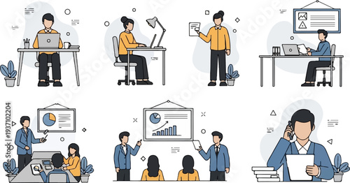 Diverse office scenes depicting individuals working, presenting, and communicating