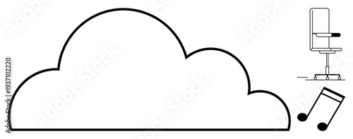 Cloud computing, remote work, office environment, music streaming, content creation, virtual services. Large cloud with office chair and musical note symbols. Cloud computing and remote work imagery
