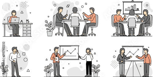 Stylized collection of business meeting and presentation illustrations