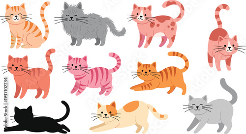 Cute cat cartoon collection, different kitten poses and colors, playful domestic pet animals vector illustration set
