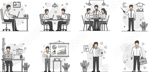 Businesspeople engage in various office activities, including individual work, meetings, and presentations, using technology and visual aids