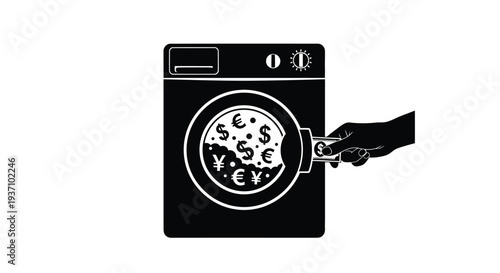 Washing machine consuming money depicted as a bold black silhouette