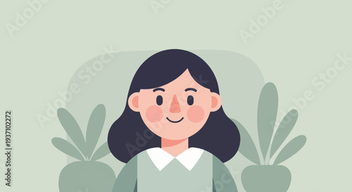 Simple illustration of a smiling person with dark hair, wearing a collared shirt, surrounded by stylized plants