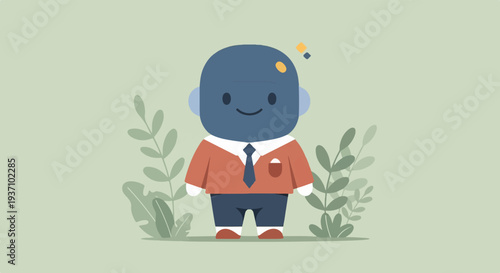 Adorable cartoon character in a suit, surrounded by green plants, looking happy