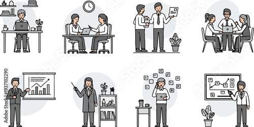 Diverse business scenarios, including meetings, presentations, and individual work