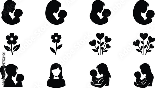 Mother and baby silhouette icon collection with floral and heart elements, motherhood love concept, minimalist black vector symbols set