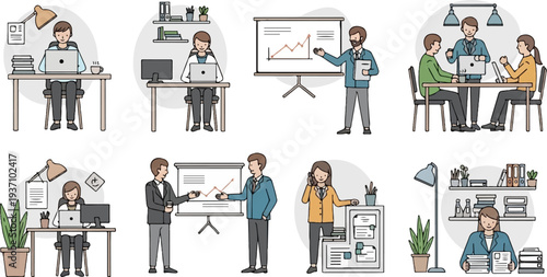 Diverse individuals engage in various office activities, including presentations and desk work