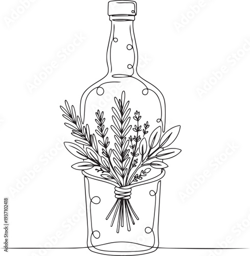 Herbal medicine bottle continuous one line drawing minimalist outline illustration essential oil botanical apothecary in one line art style with editable stroke vector.