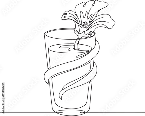 Tropical cocktail glass continuous one line drawing minimalist outline illustration hibiscus summer mocktail in one line art style with editable stroke vector.