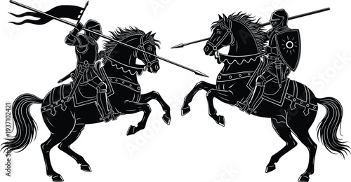 Knights on Horseback Jousting with Lances and Banners vector illustration