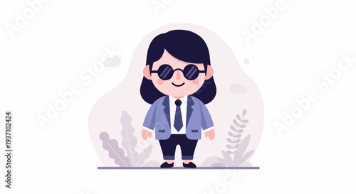 A cute cartoon character with dark hair, wearing a suit, tie, and round sunglasses, stands amidst stylized plants