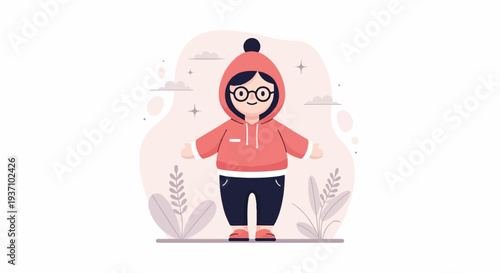 A person in a red hoodie and dark pants smiles with open arms