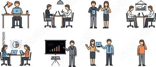 Diverse office scenes showing individuals and teams collaborating, presenting, and working individually with technology
