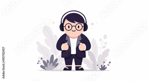 Adorable cartoon character in suit and headphones, surrounded by stylized plants