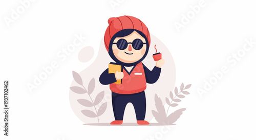 Cartoon figure in a beanie and sunglasses holds a book and cup