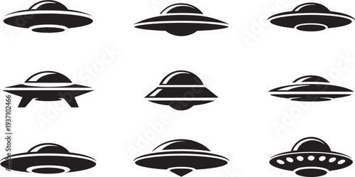 Twelve black and white flying saucer in a grid pattern flying saucers