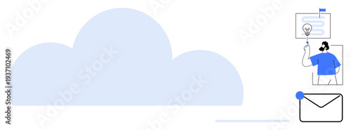 Cloud storage, collaboration tools, data management, remote work, communication efficiency, digital solutions, email integration. Large cloud symbol with email and person sharing ideas. Cloud storage