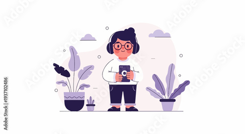 Cheerful person with headphones and phone, surrounded by potted plants and abstract shapes