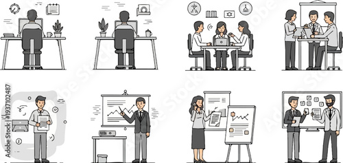 Business people collaborating, presenting ideas, and working at desks