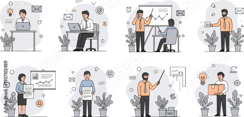 Business illustrations of people working, presenting data, and collaborating in office settings