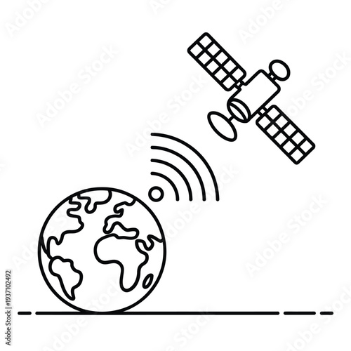 Satellite transmitting signals to earth in a simple line drawing