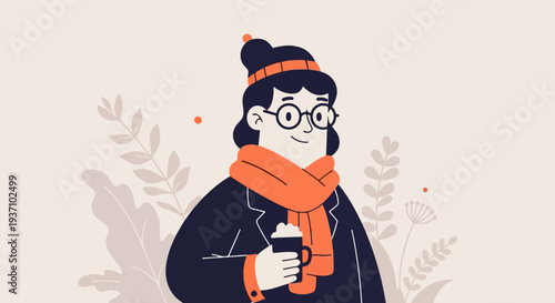 Cozy person in winter attire with a warm drink, surrounded by stylized foliage