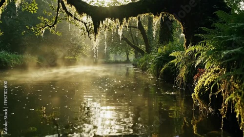 Misty River Landscape with Waterfall and Trees.