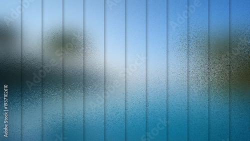 Tableau sur toile Blurry blue and white frosted glass window with vertical lines and condensation