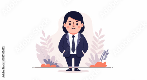 A cartoon character in a dark suit, white shirt, and tie, with hands in pockets, stands between stylized plants