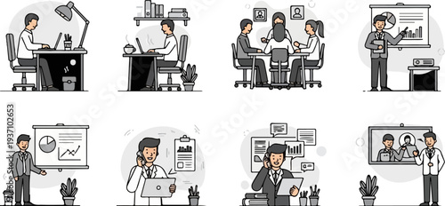 Business professionals in various office and meeting scenarios