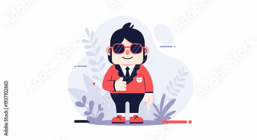A cool character in a red jacket and sunglasses gives a thumbs-up