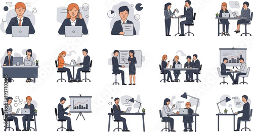 Diverse business professionals collaborate and work individually on various tasks