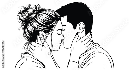 A black and white illustration depicts a couple intimately kissing with closed eyes high quality professional