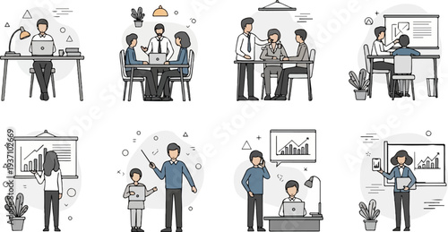 Diverse office scenes illustrate business operations, teamwork, and presentations with charts