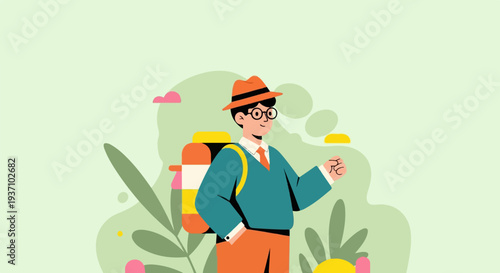 A cheerful character in a hat and glasses holds a yellow object, with a backpack