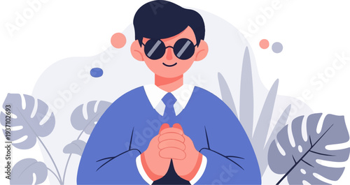 Cheerful cartoon person in sunglasses with clasped hands and floral background