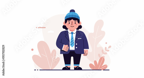 A person in a blue hat and suit stands in front of soft pink foliage