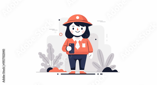 A stylized character wearing a hat and holding a phone, surrounded by abstract shapes and plants