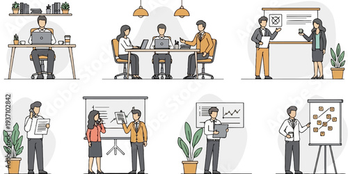 Business professionals collaborate and present information in various office settings