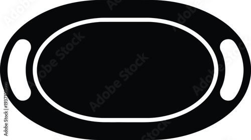 Black oval tray with handles and white rim on white background dish platter
