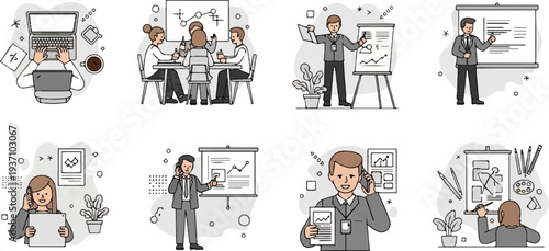 Diverse business professionals collaborating and presenting data through various communication channels and creative processes