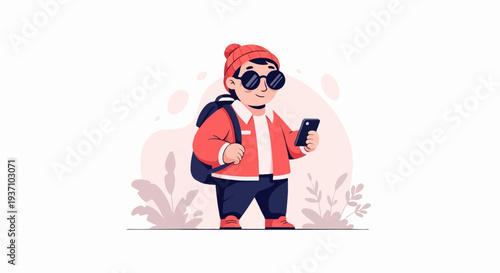A child in a beanie and sunglasses holds a phone while wearing a backpack