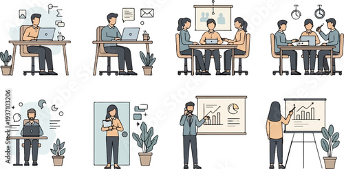 Collection of office work scenes, featuring individuals collaborating, presenting, and working individually at desks
