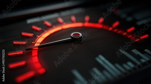 Speedometer’s Glowing Needle: A close-up shot of a car speedometer, the needle glows a vibrant red, conveying the sense of swiftness and precision. Captures the intensity of speed and velocity.