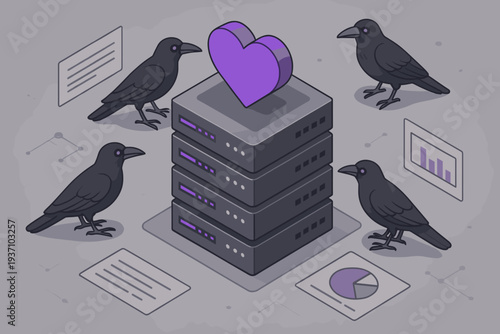 Crows around a data server with a purple heart symbol, illustrating love for technology.