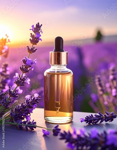 Wallpaper Mural A Bottle Of Essential Oil On lavender landscape field Background  Torontodigital.ca