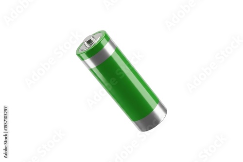 Angled Green and Silver AA Cylindrical Power Cell Isolated on White Background