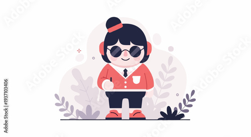 A cute cartoon character with black hair, sunglasses, and headphones, wearing a coral jacket